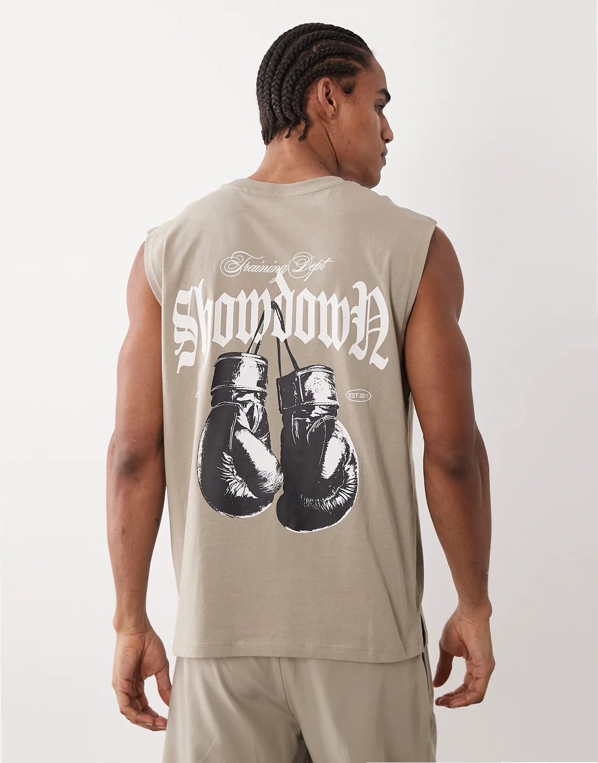 cotton oversized pump training tank with boxing graphic and quick dry finish in greige