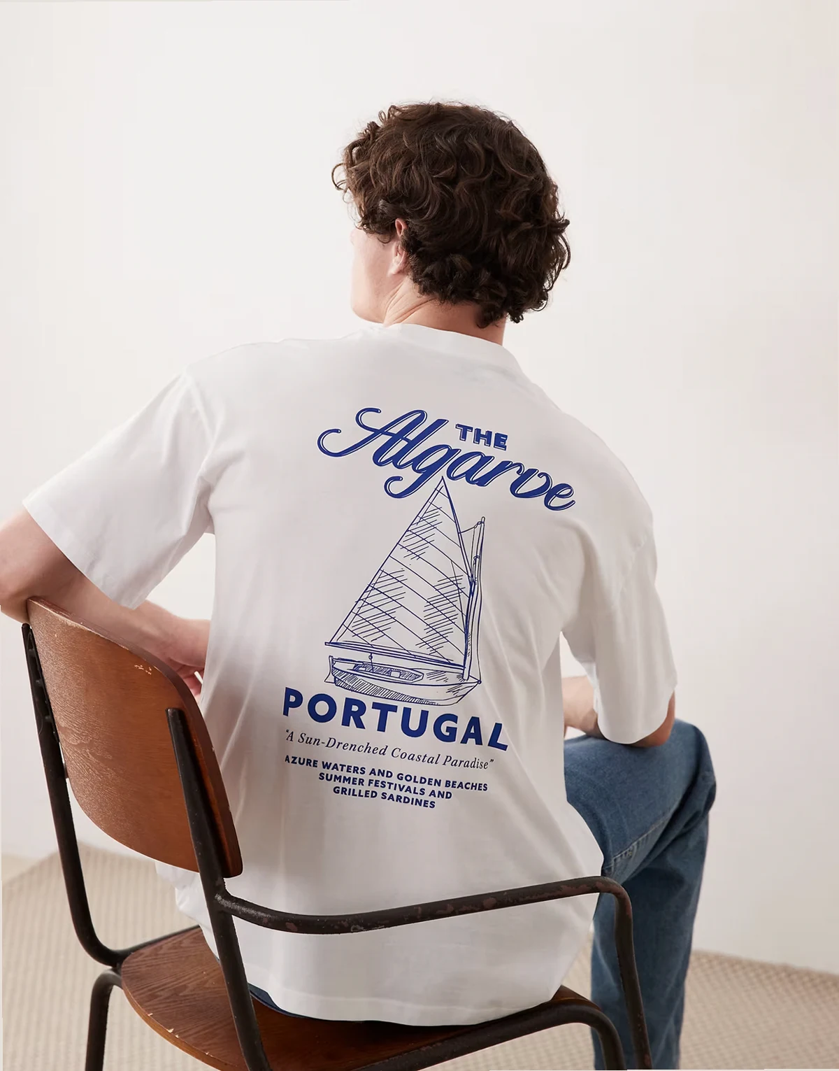 Algarve back print t-shirt in white and blue