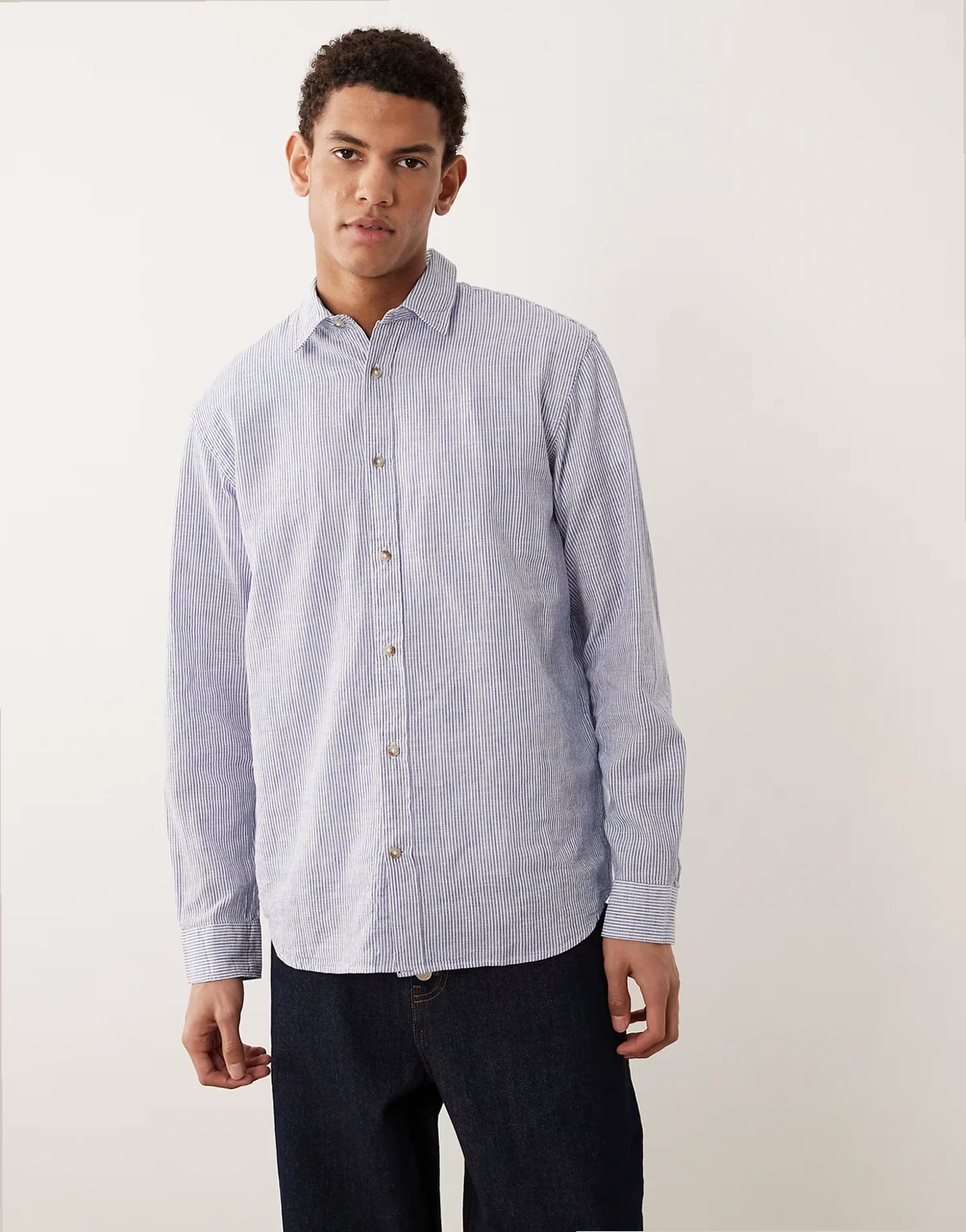 linen blend long sleeve shirt in blue stripe