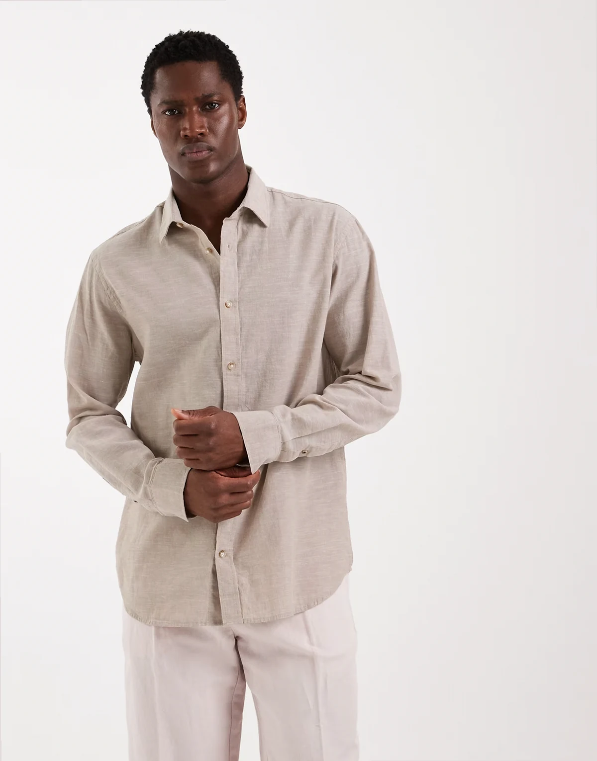 linen blend long sleeve shirt in beige