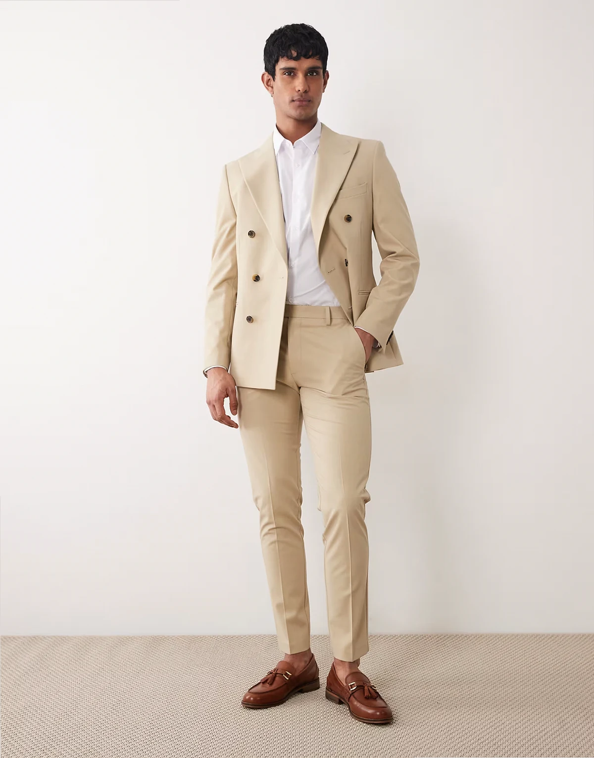 skinny suit pants in stone twill