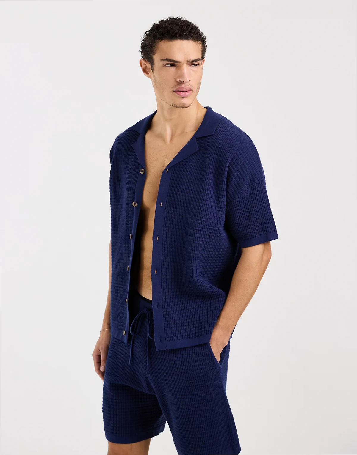 relaxed knit camp collar polo shirt in navy - part of a set