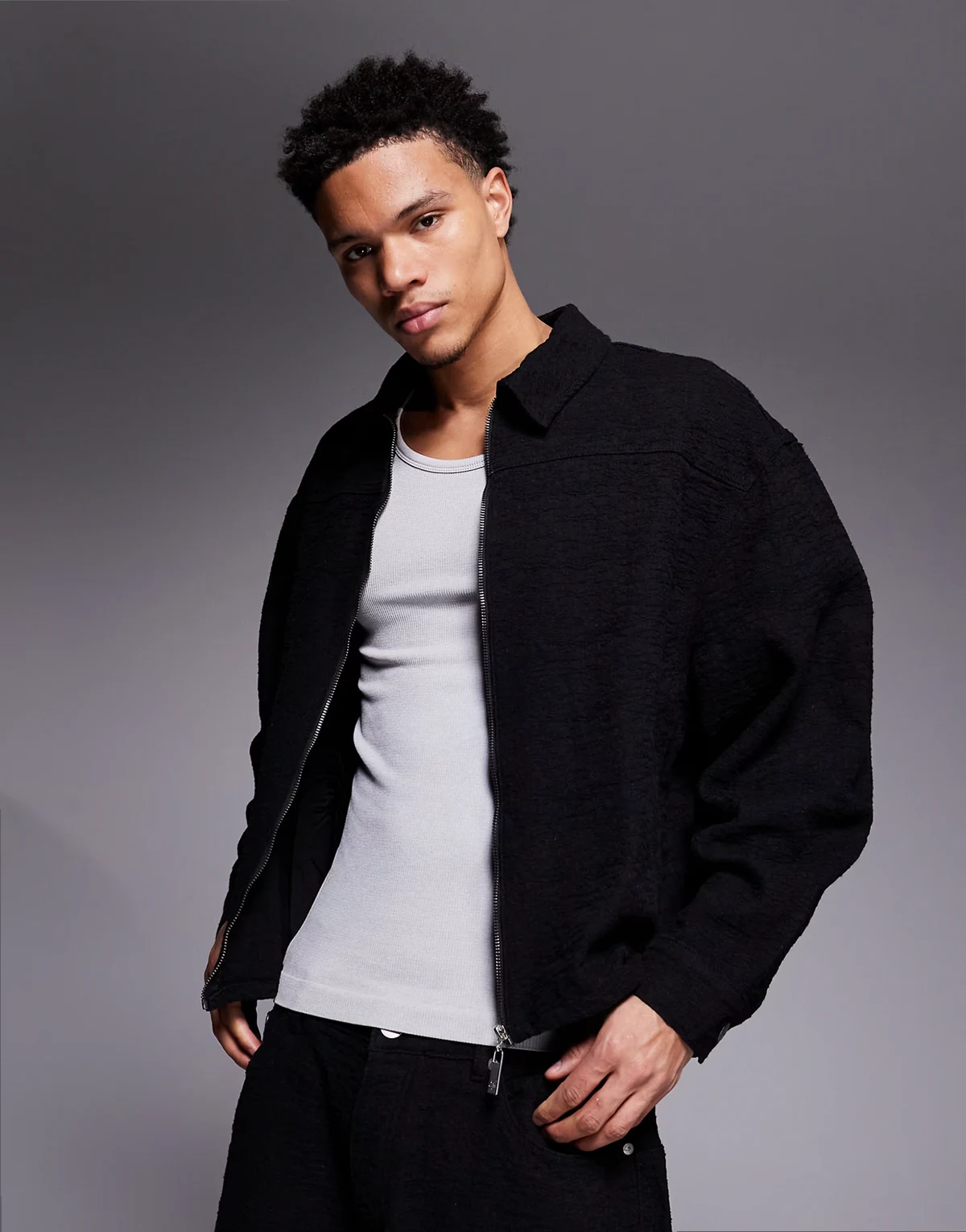 boxy textured denim harrington jacket in black - part of a set