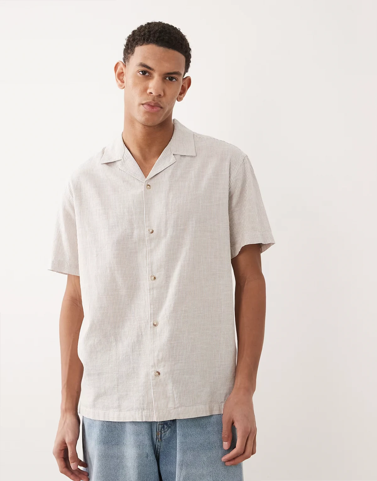 linen mix striped shirt with short sleeves in beige