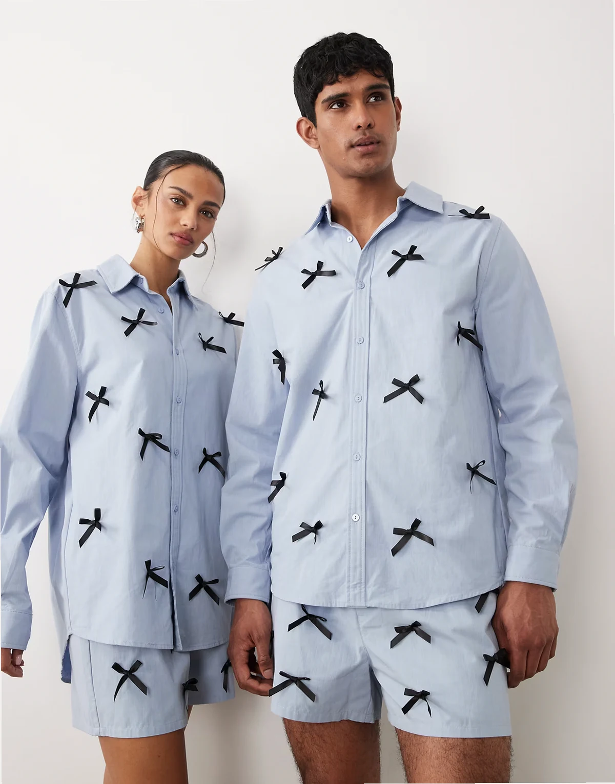 Unisex pure cotton bow detail shirt in blue pinstripe - part of a set