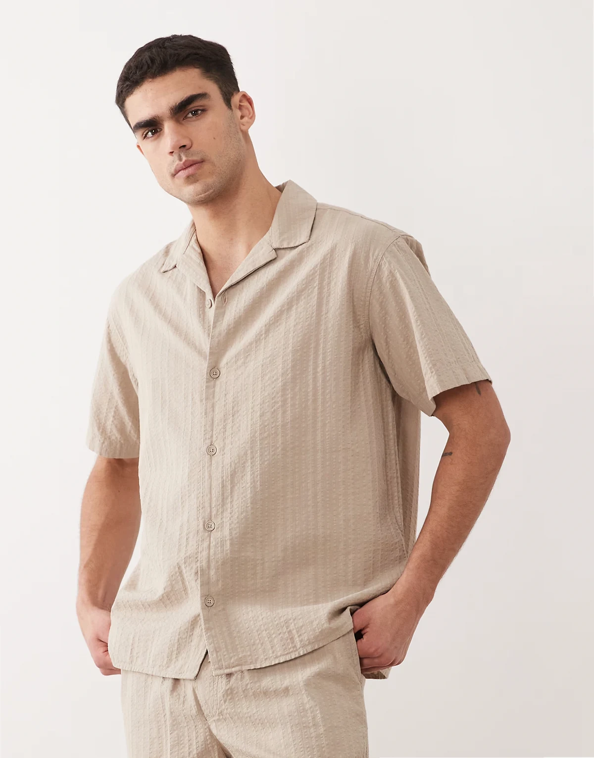 textured shirt with short sleeves in beige - part of a set