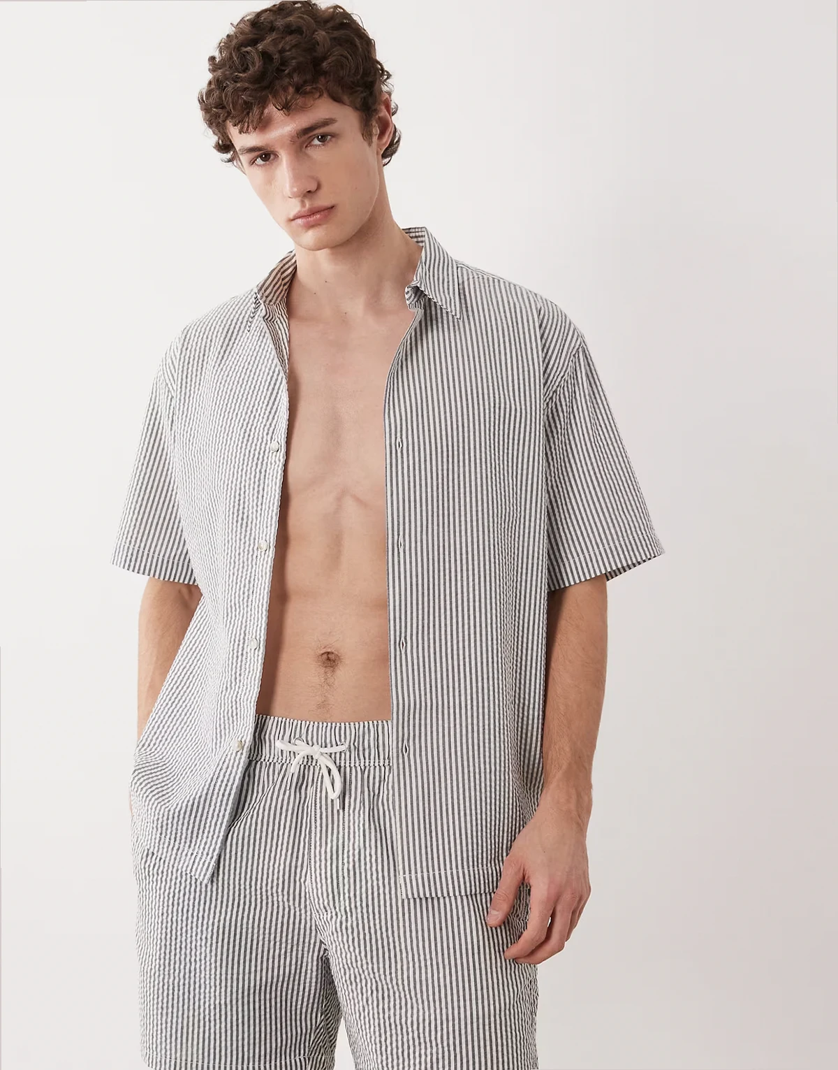 relaxed seersucker shirt in black stripe - part of a set