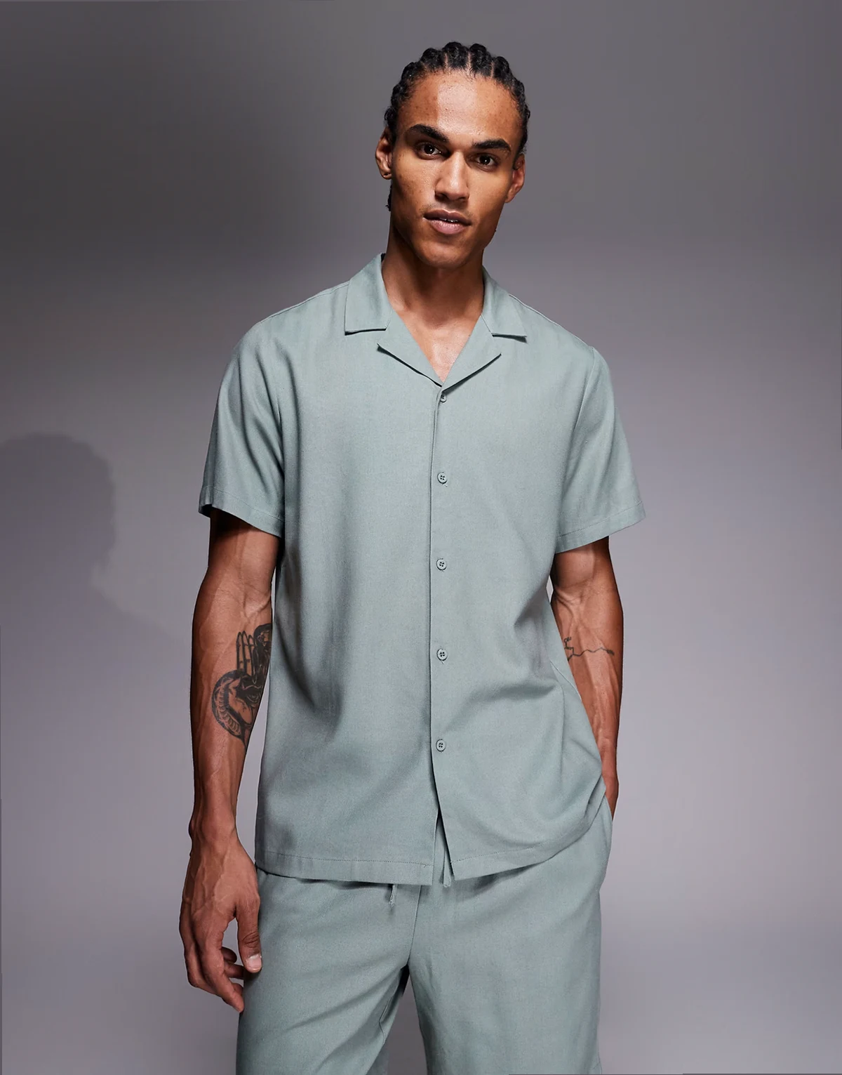 short sleeve linen look shirt in faded green