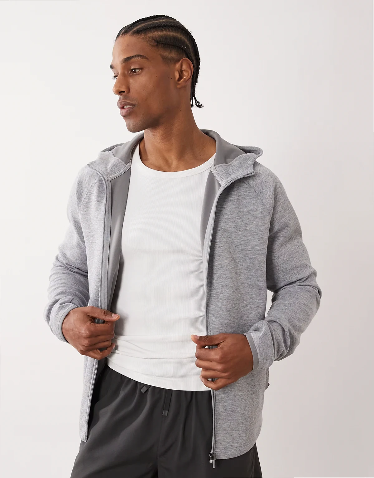 scuba-style fabric zip up hoodie with zip pockets in light gray heather