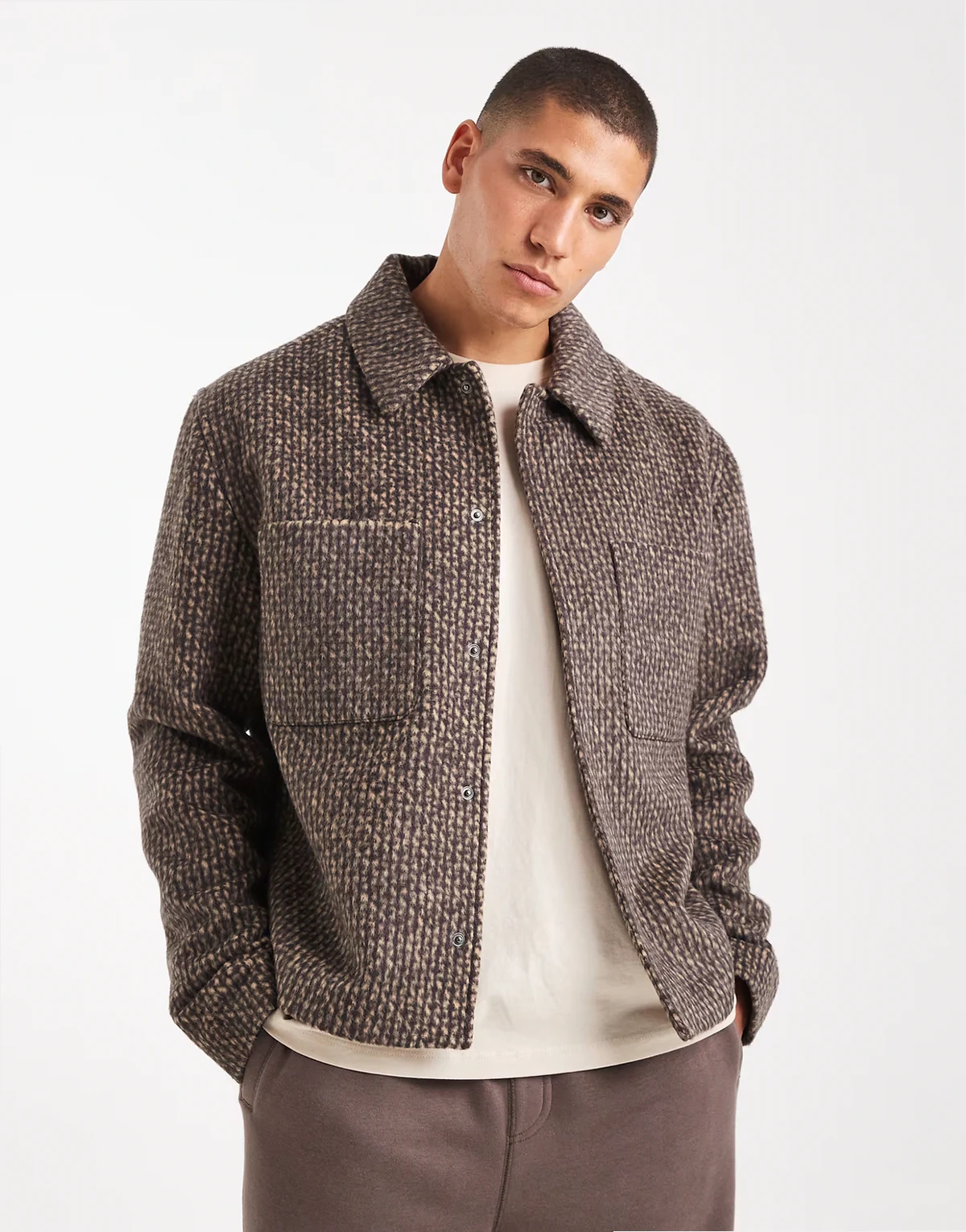 – Harrington-Jacke in Braun mit Fischgrätmuster und Wolloptik