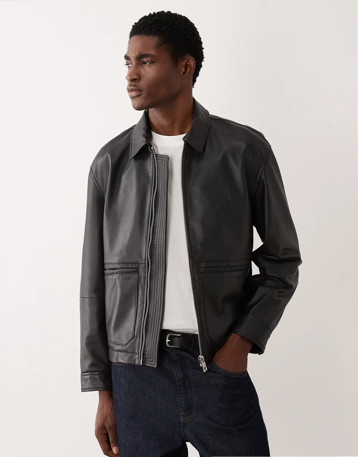 real leather harrington jacket in black