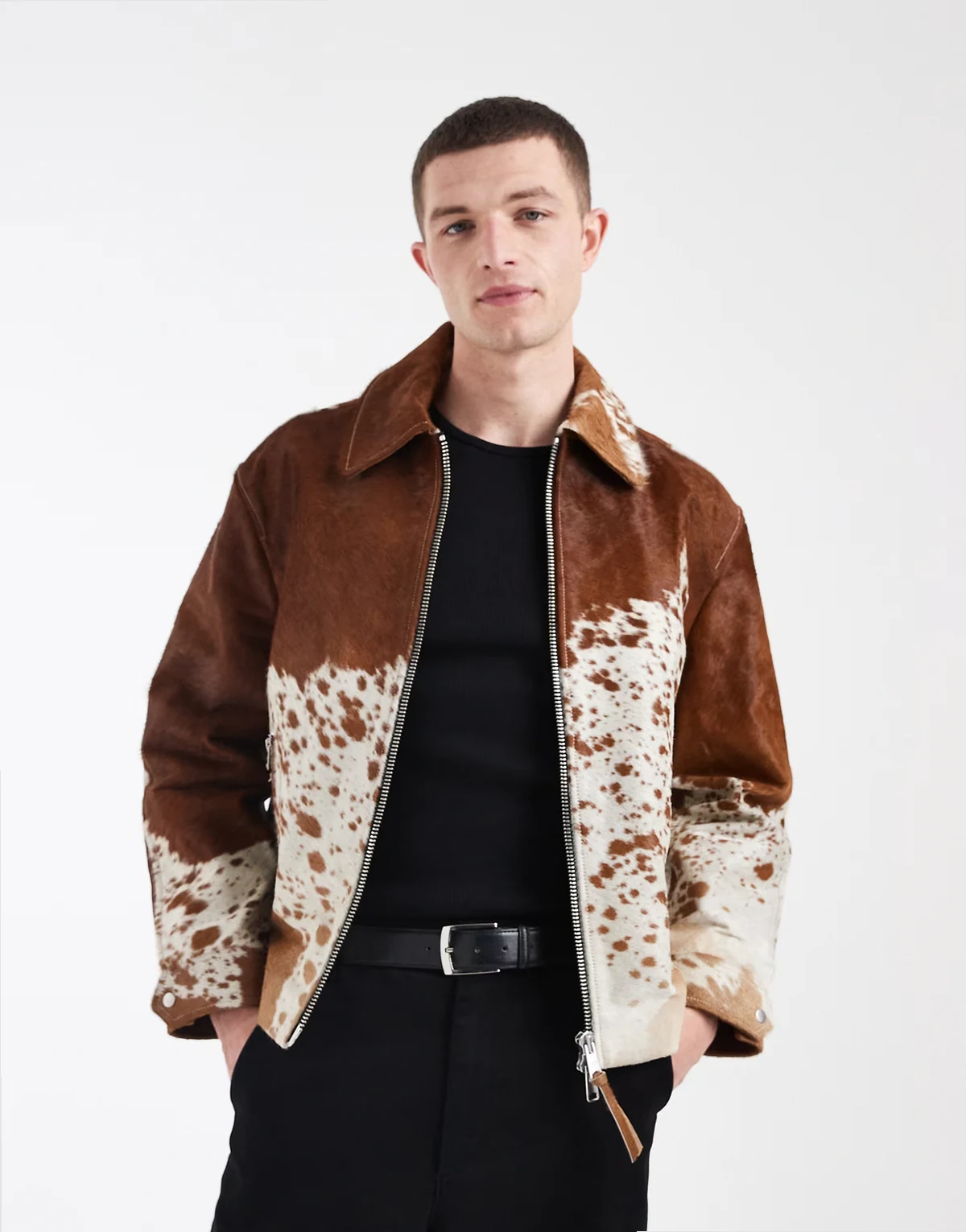 Garrison zip up leather jacket in cow print