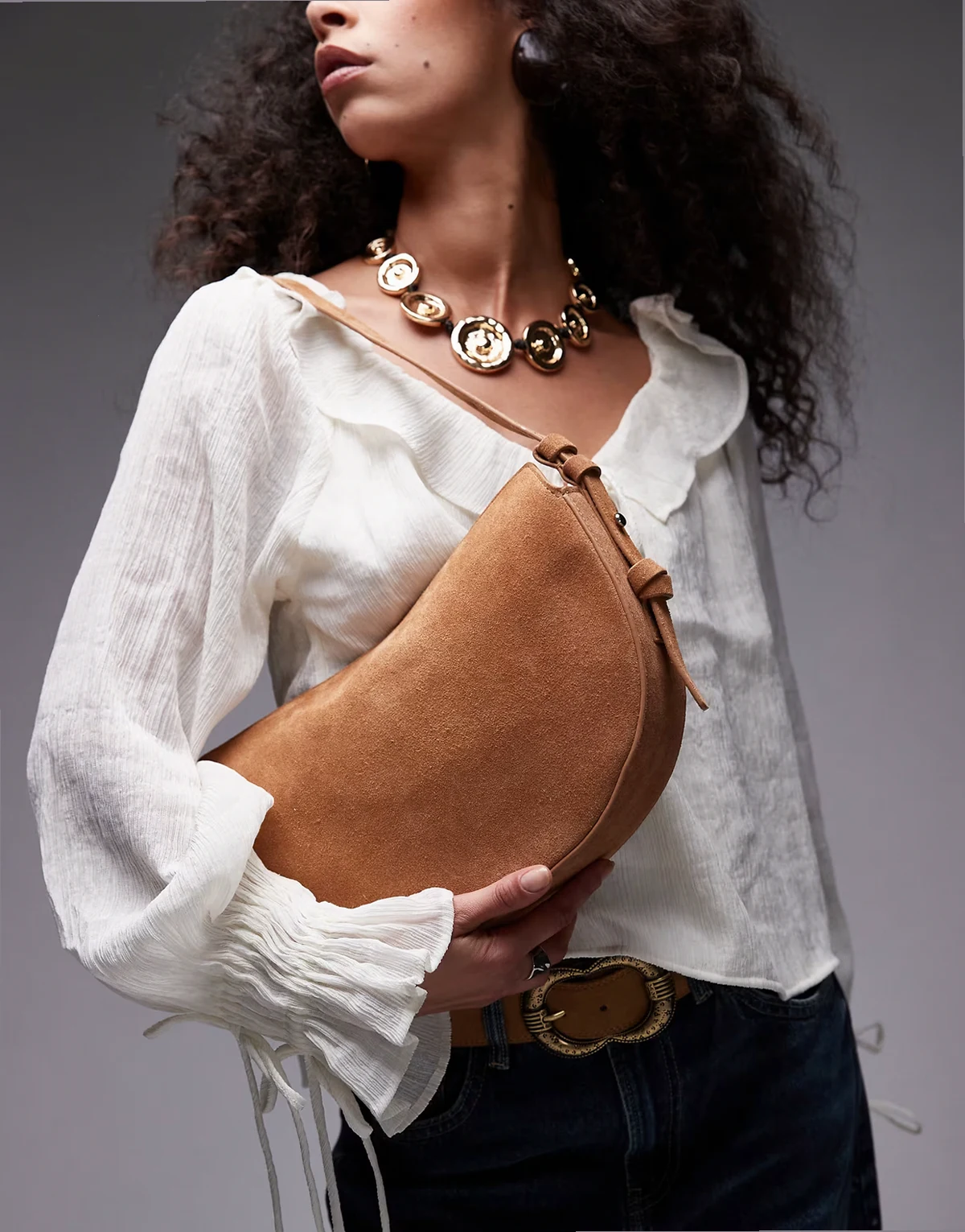 Sunday real leather suede shoulder bag in tan