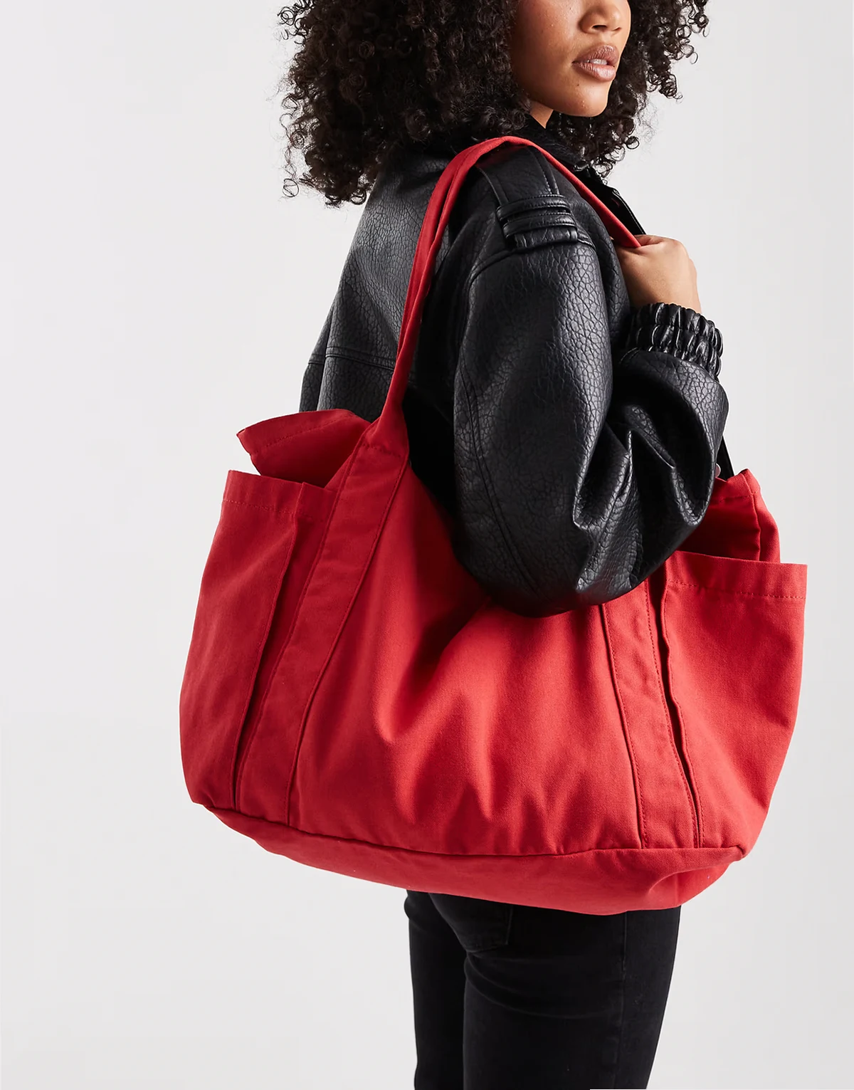 multi pocket canvas tote bag in tomato red