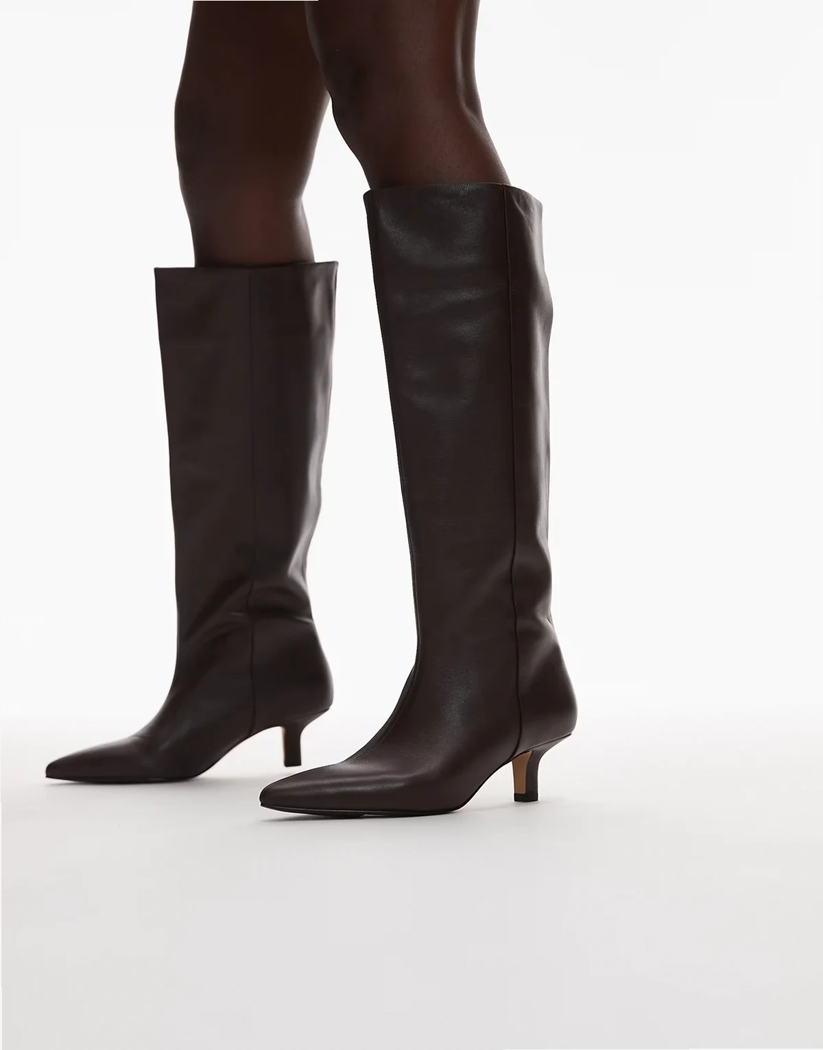 real leather knee high heeled boots with suede lining in dark brown