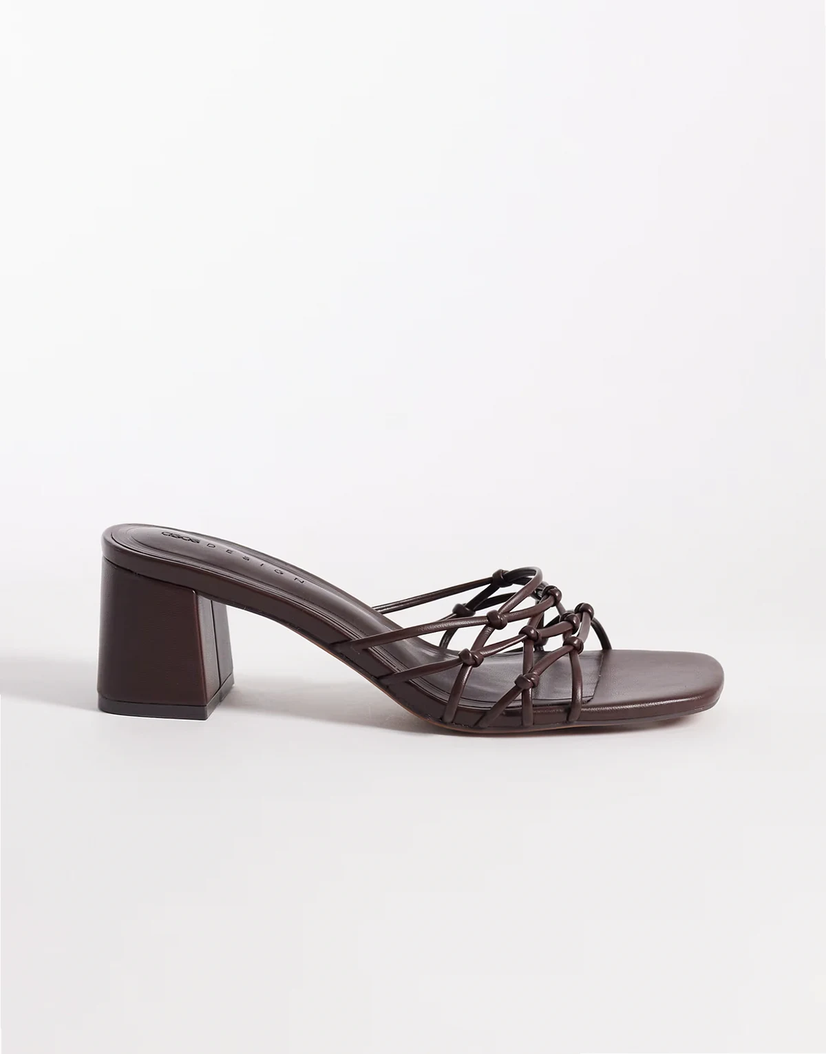 – Hana – Riemchen-Mules in Schokobraun mit Blockabsatz und Knotendesign