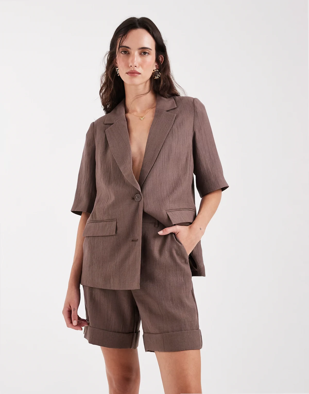 longline tailored linen-look shorts in chocolate brown - part of a set
