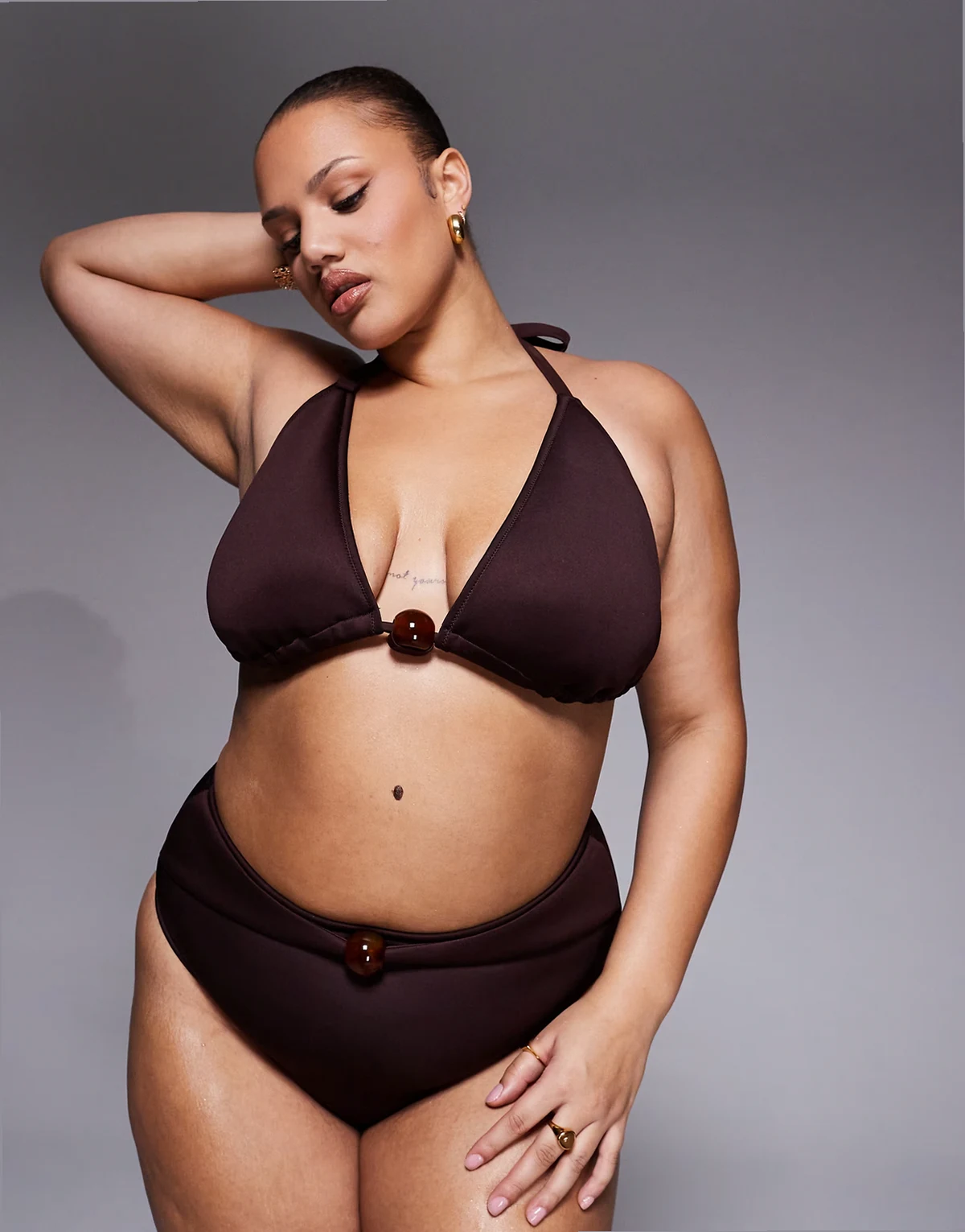 ASOS DESIGN Curve Dora premium high apex triangle bikini top with jumbo bead in chocolate