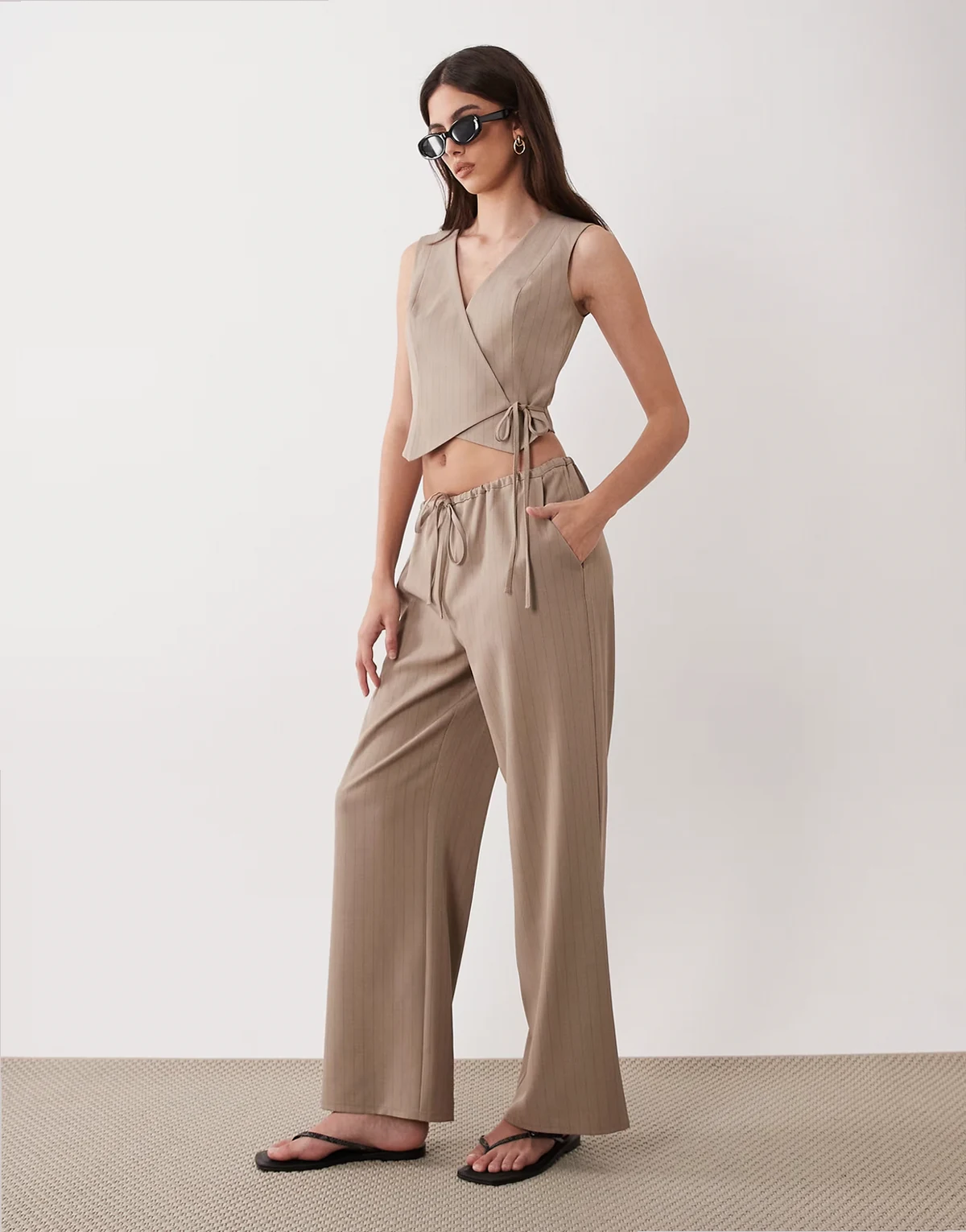 tailored pull on pants in neutral pinstripes - part of a set
