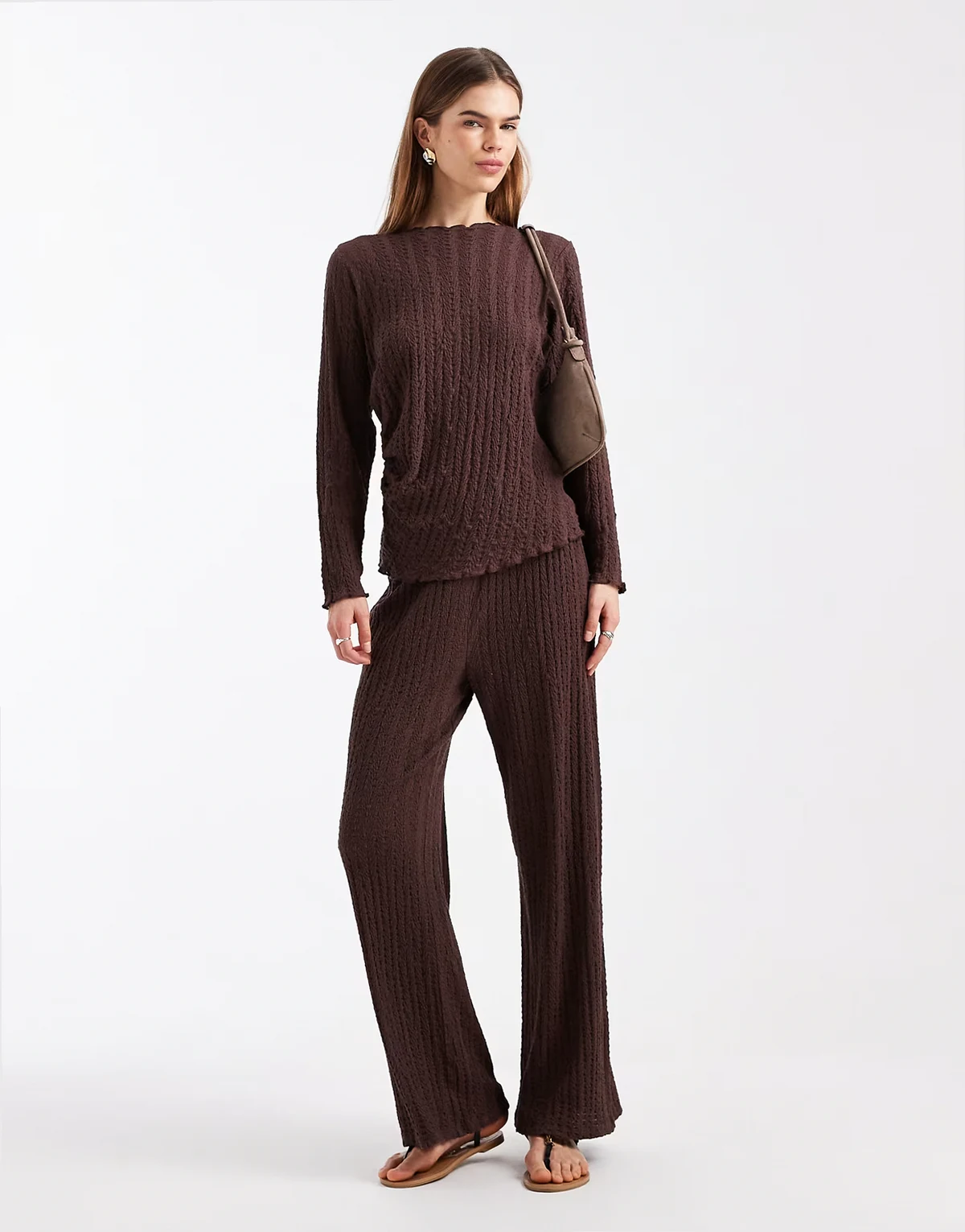 wide leg textured pants in chocolate - part of a set