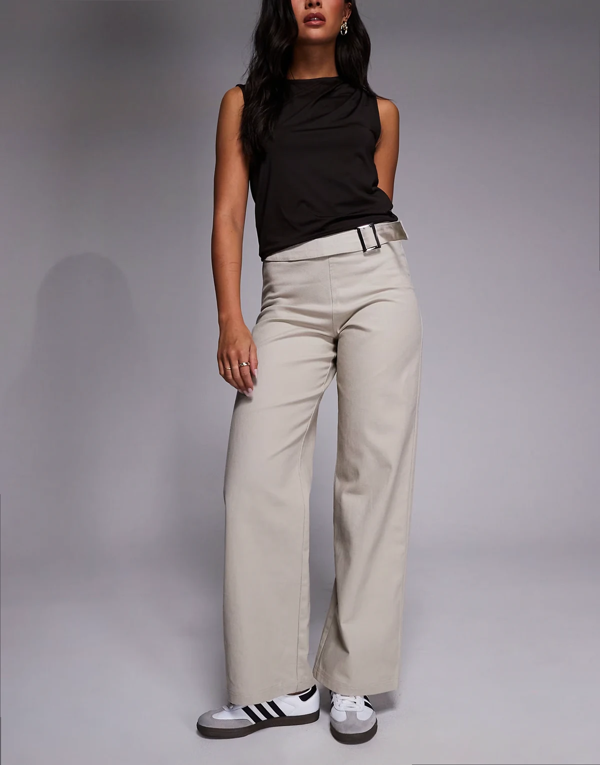 exclusive cotton denim metal belt detailing wide leg pants in beige