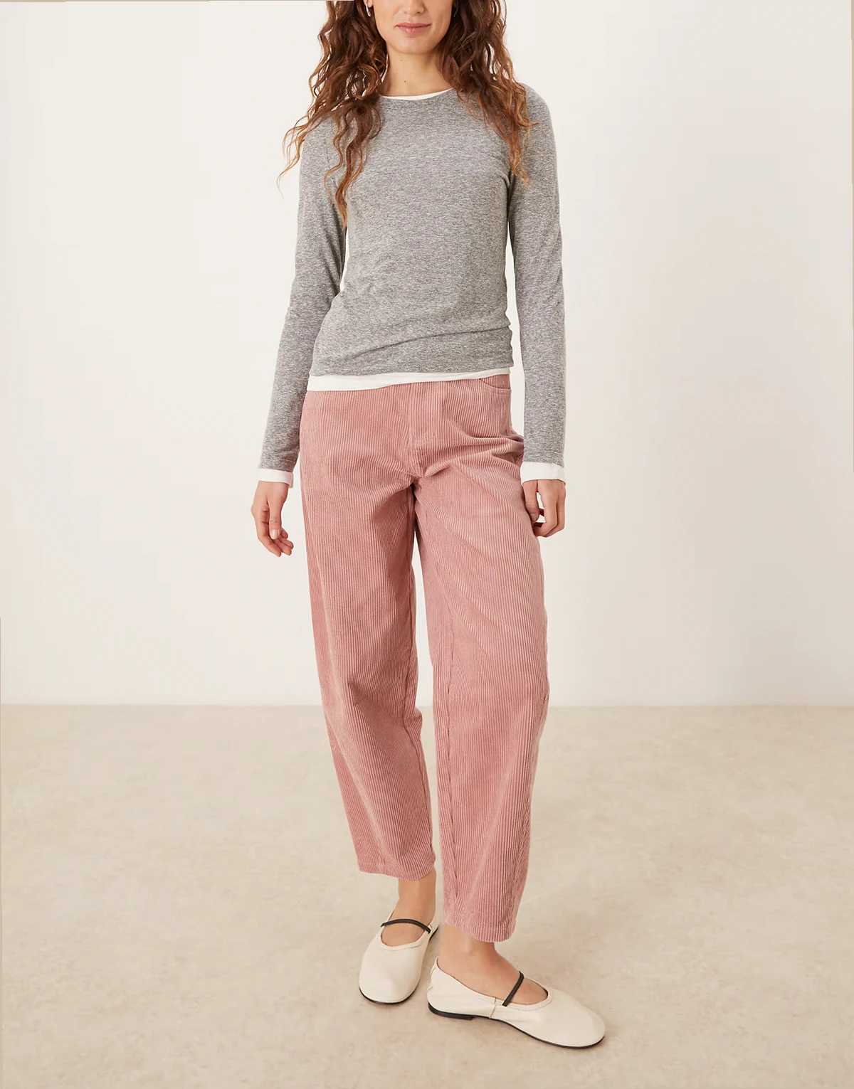cord barrel leg pants in dusty pink