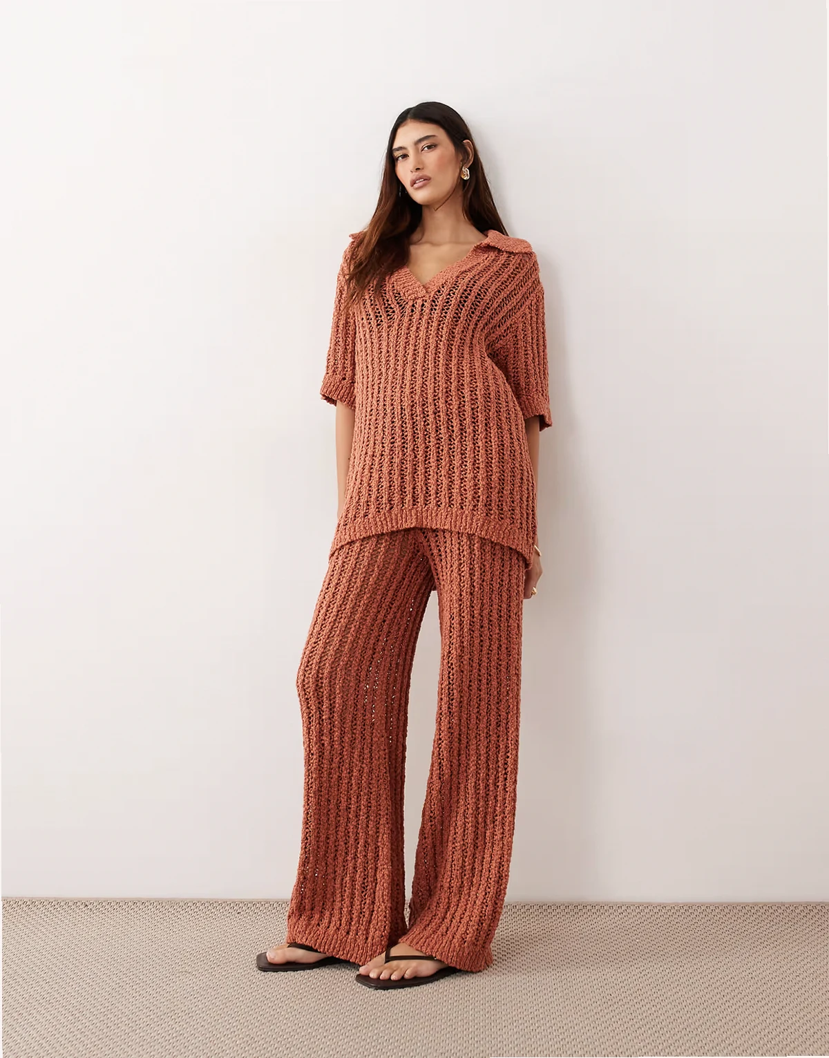 crochet straight leg pants in terracotta - part of a set