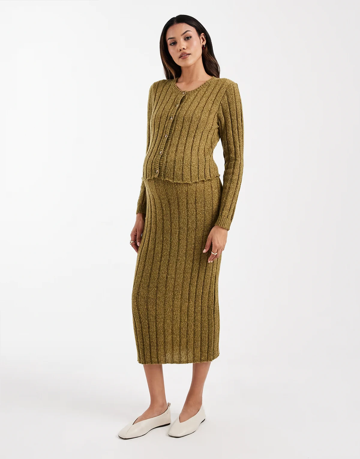 Mamalicious Maternity rib knit midi skirt in chartreuse - part of a set