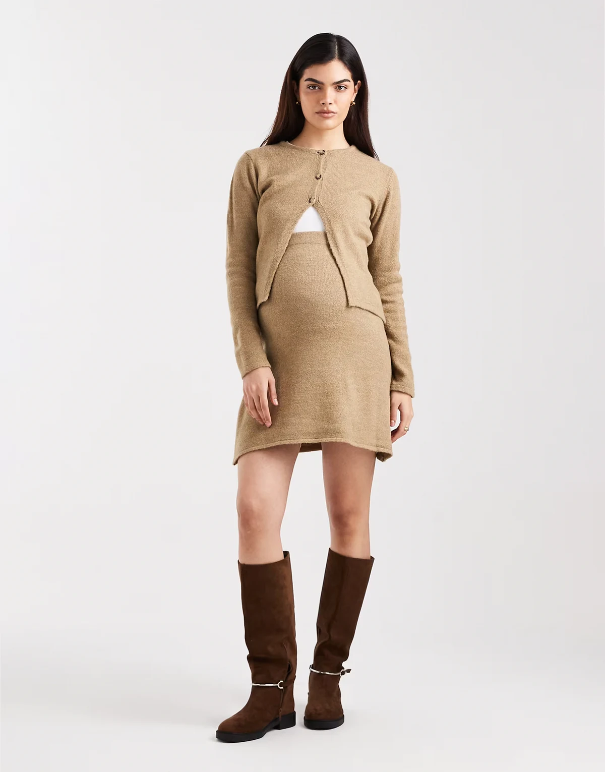 Mamalicious Maternity knit over the bump mini skirt in warm beige - part of a set