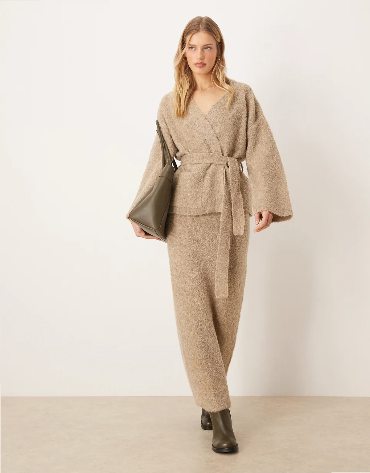 premium textured knit maxi skirt in heathered taupe - part of a set