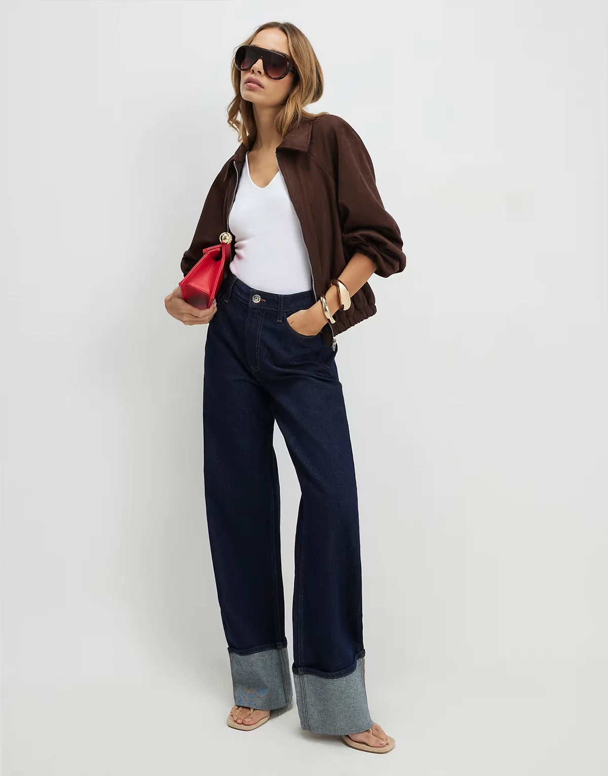 Relaxed straight turn up cuff jeans in denim - dark