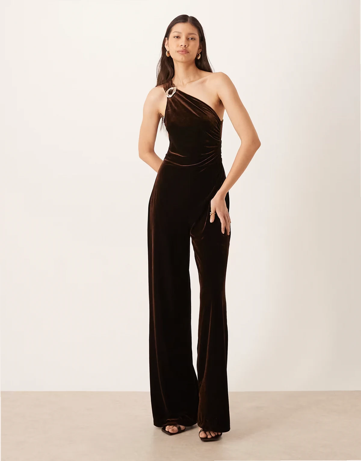 one shoulder velvet jumpsuit in brown