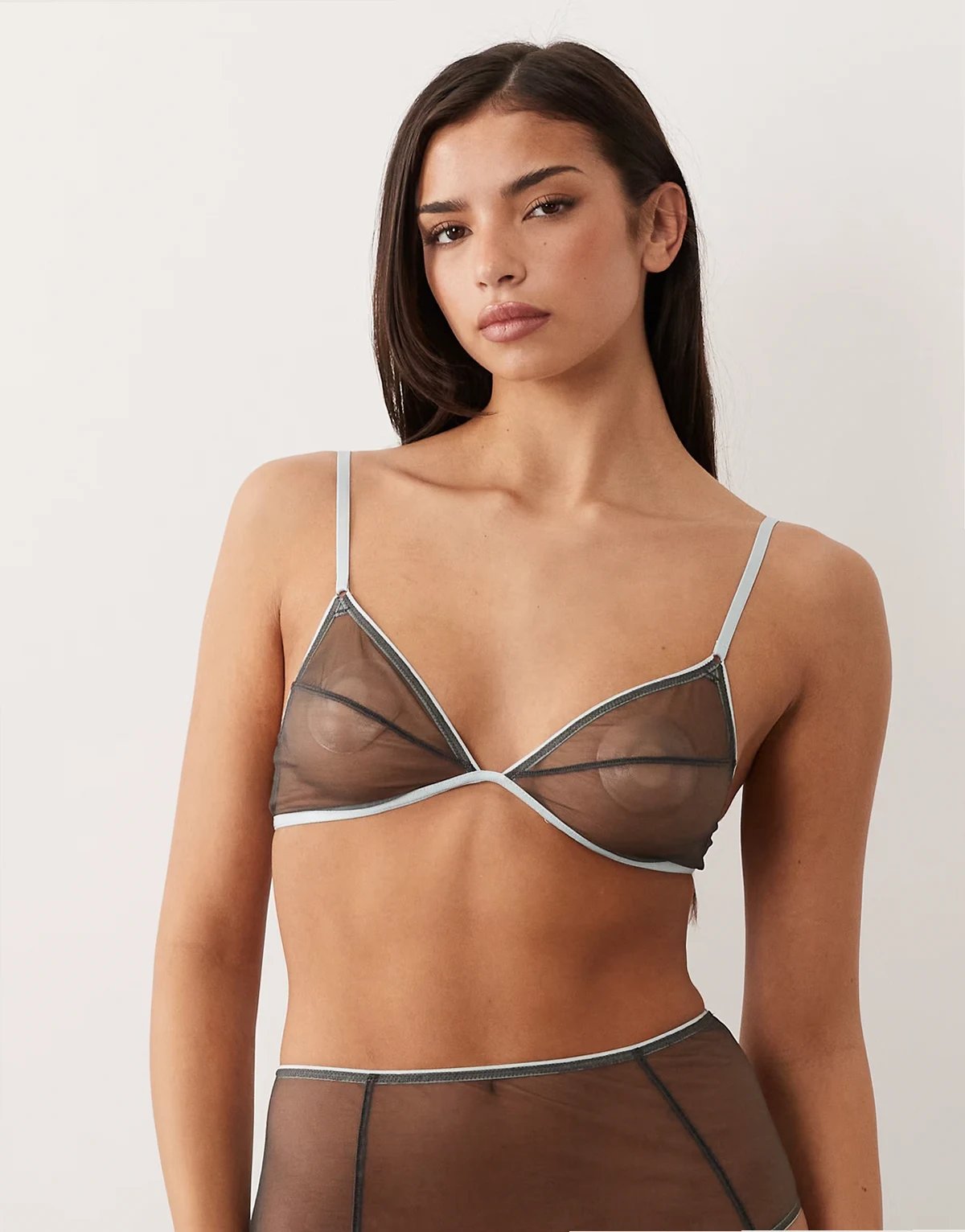 Emilia sheer mesh triangle bra with contrast trim in gray