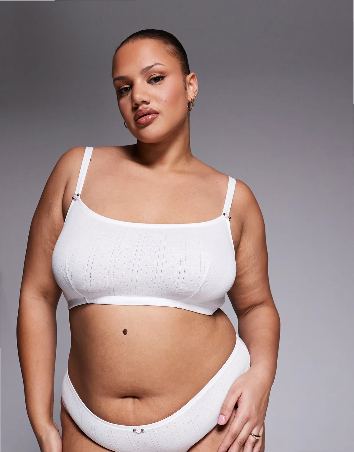 ASOS DESIGN Curve Evie pointelle bralette with rosebud trim in white
