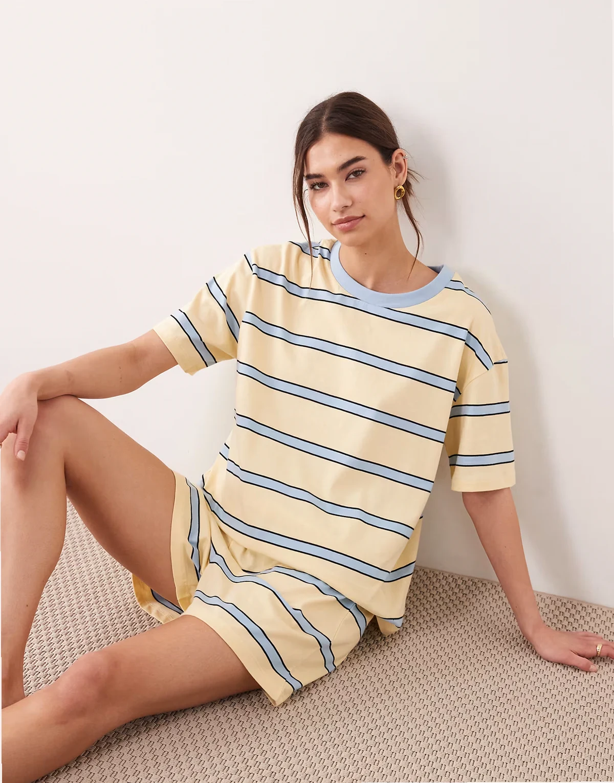 placement oversized tee and shorts pajama set in stripes