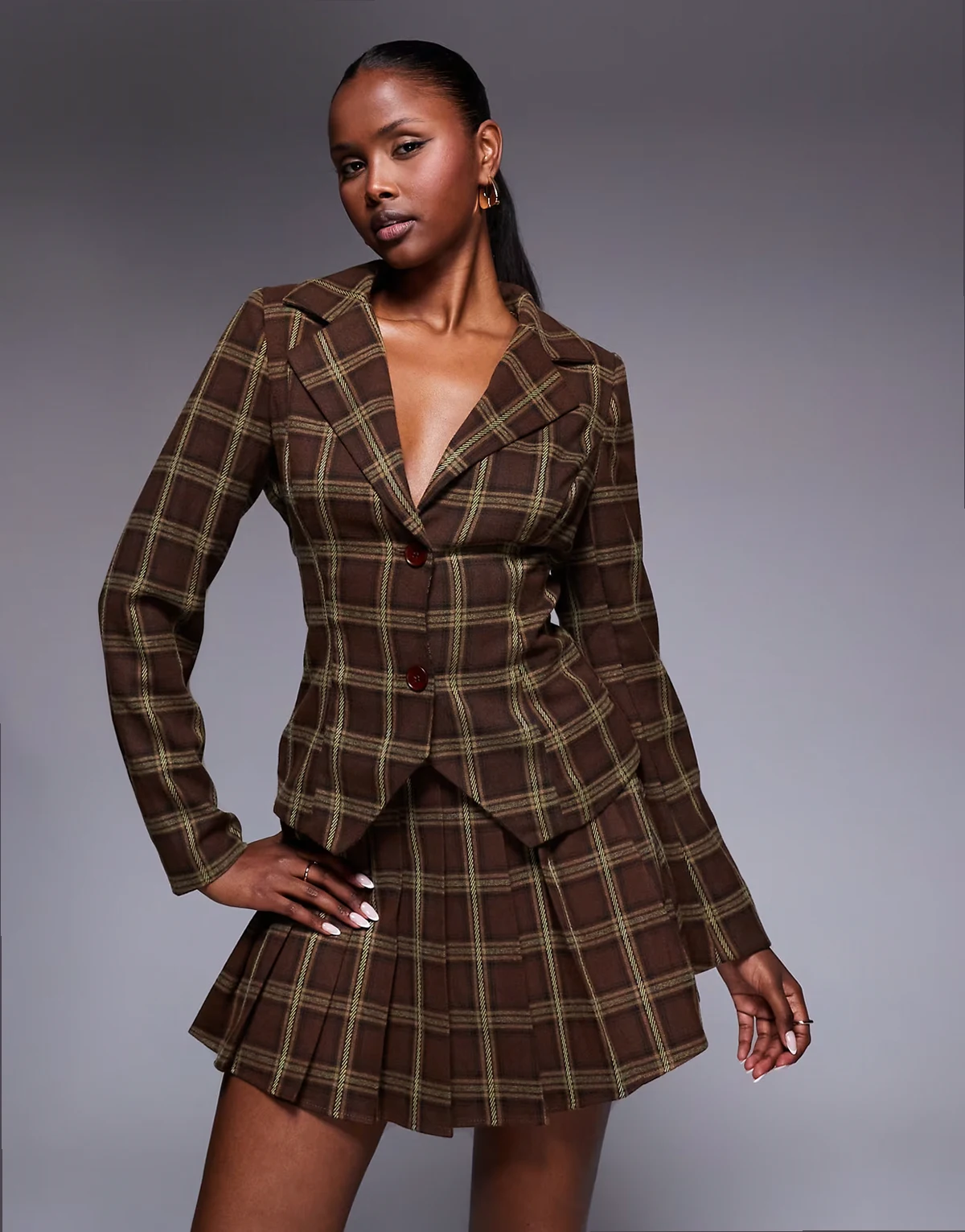 exclusive 90s heritage check fitted blazer in brown - part of a set