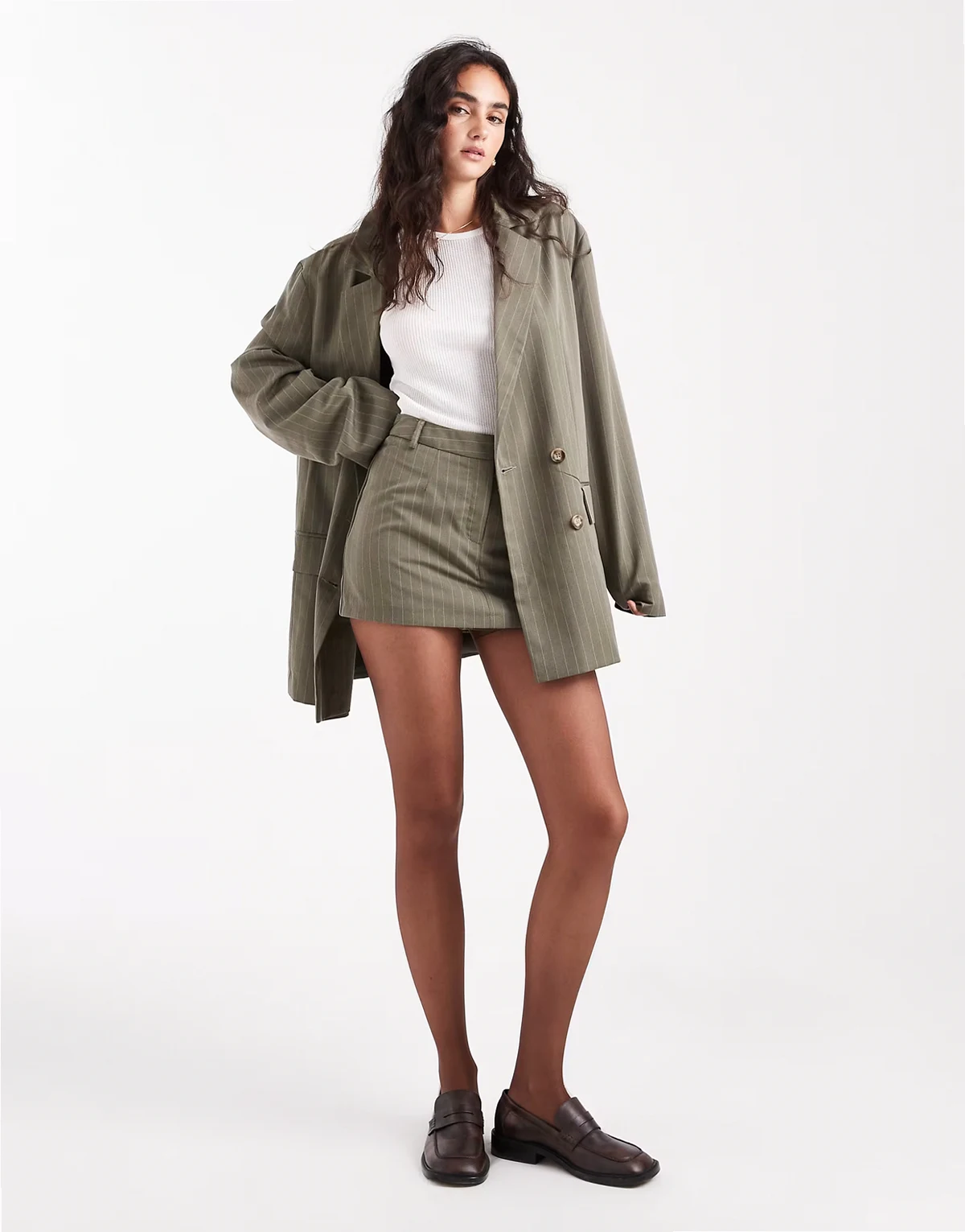 slouchy oversized double breasted blazer in khaki pinstripe - part of a set