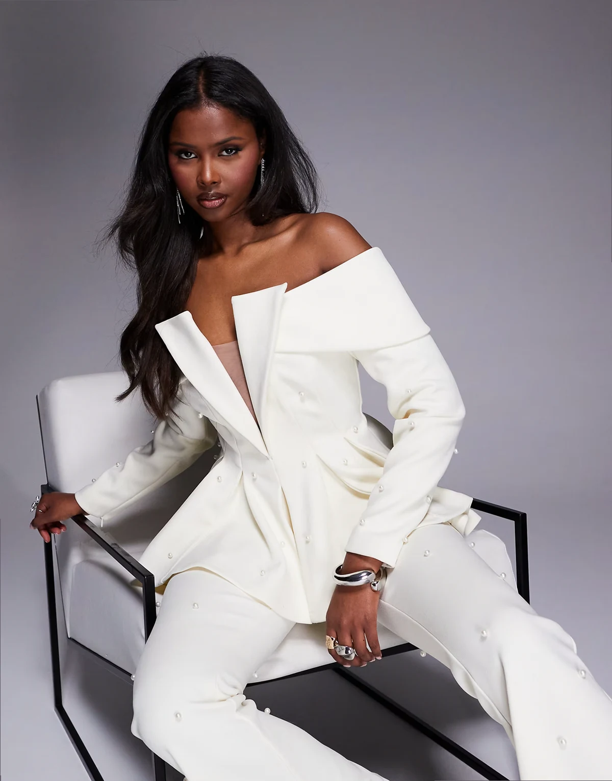 pearl embellished off shoulder tailored blazer in cream - part of a set