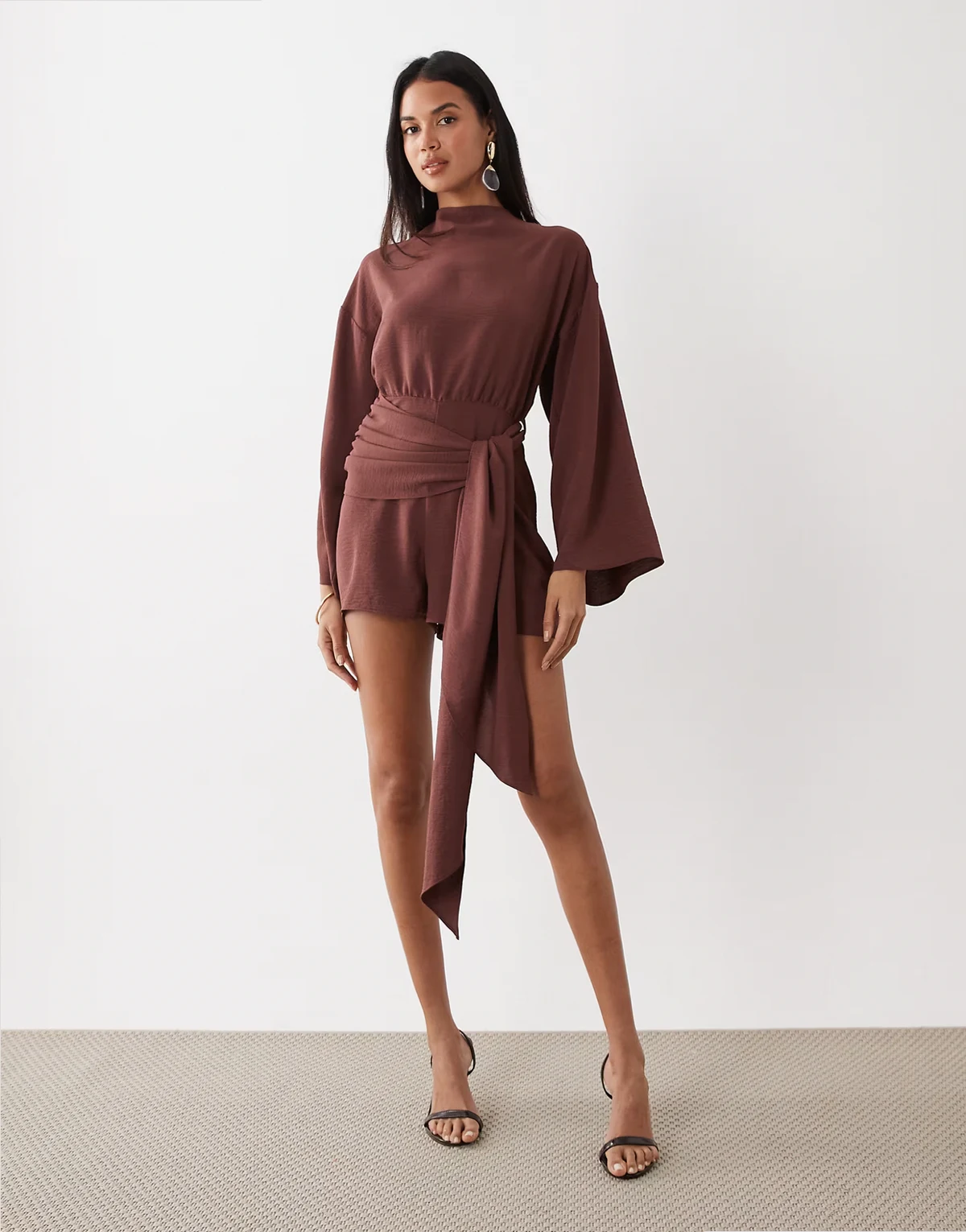 blouson romper with tie waist detail in chocolate
