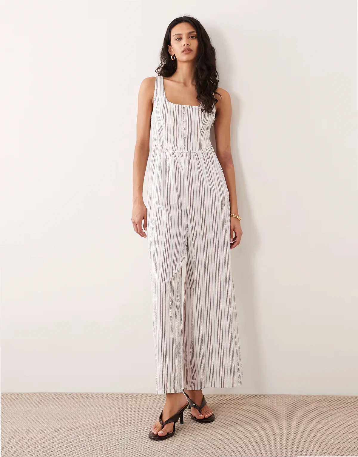 Cora button detailing jumpsuit in white stripes