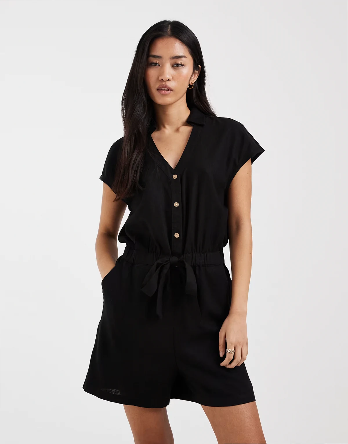 linen blend tie waist romper in black