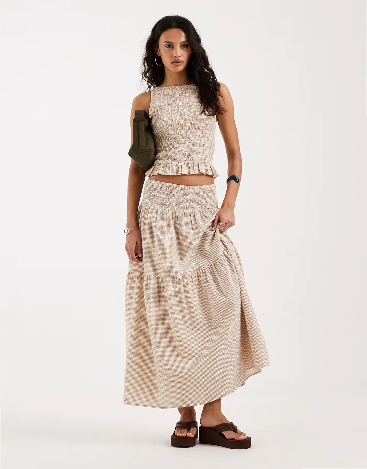 seersucker gingham maxi skirt in beige and white