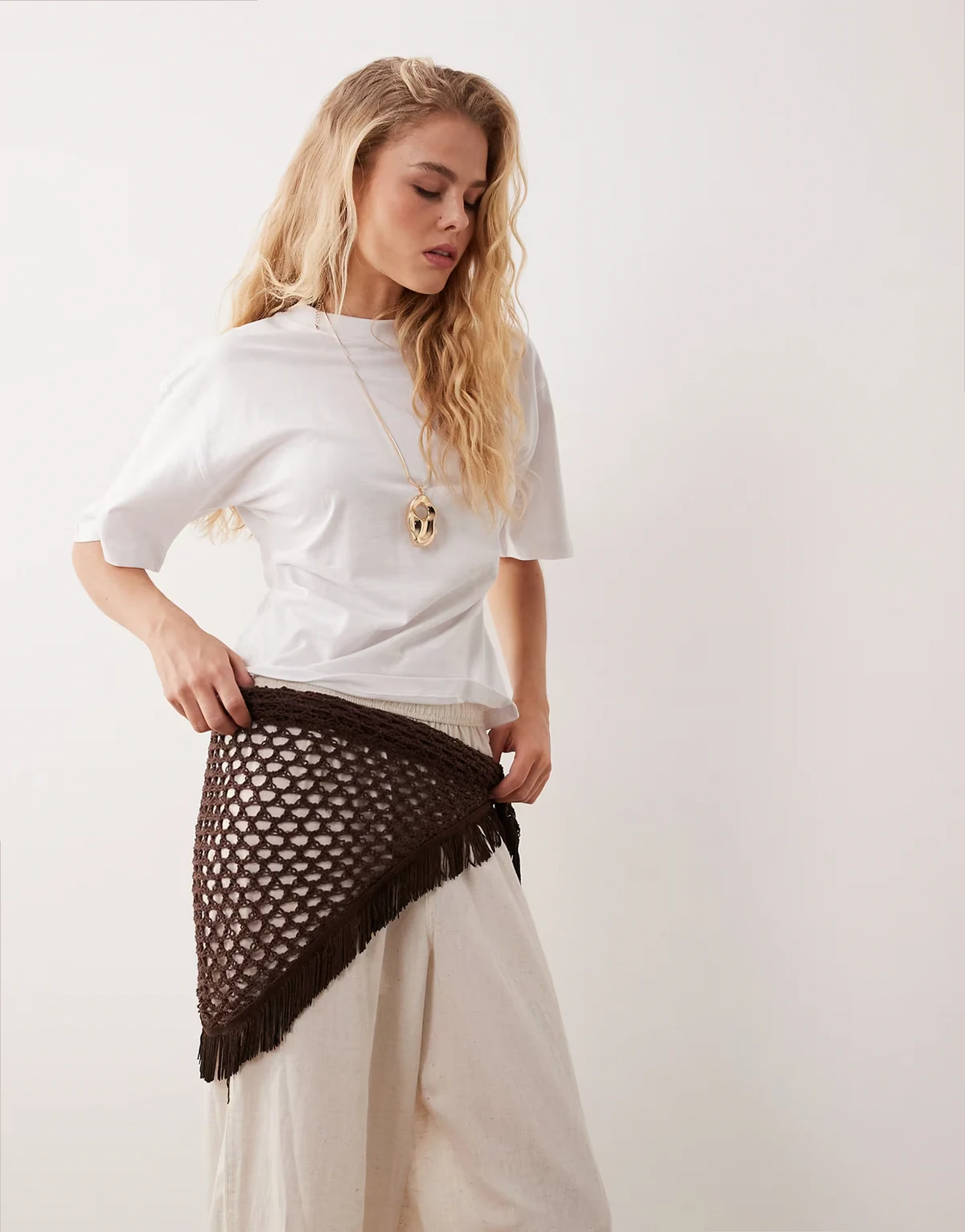 crochet knit fringed wrap skirt in brown