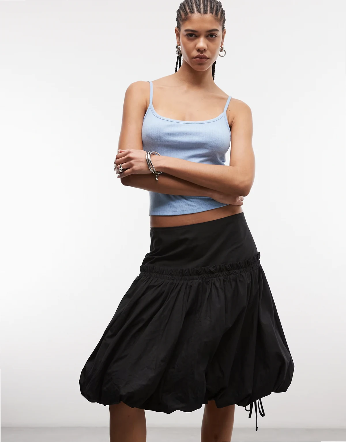 drawstring drop waist awkward length bubble skirt in black