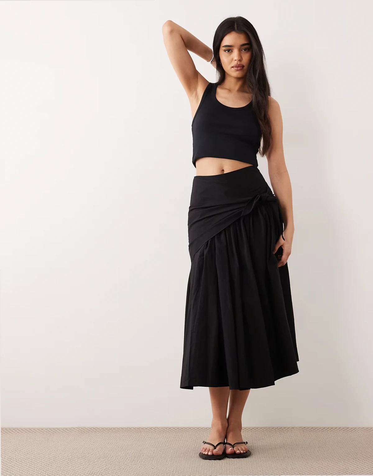 cotton tie waist circle maxi skirt in black