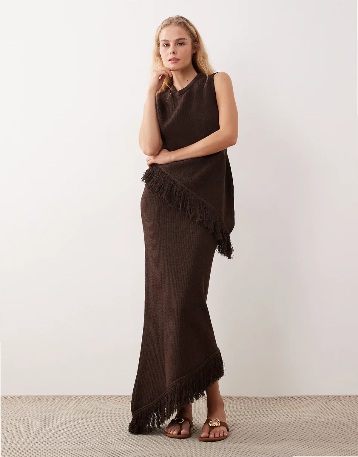 knit asymmetric fringe skirt in brown - part of a set