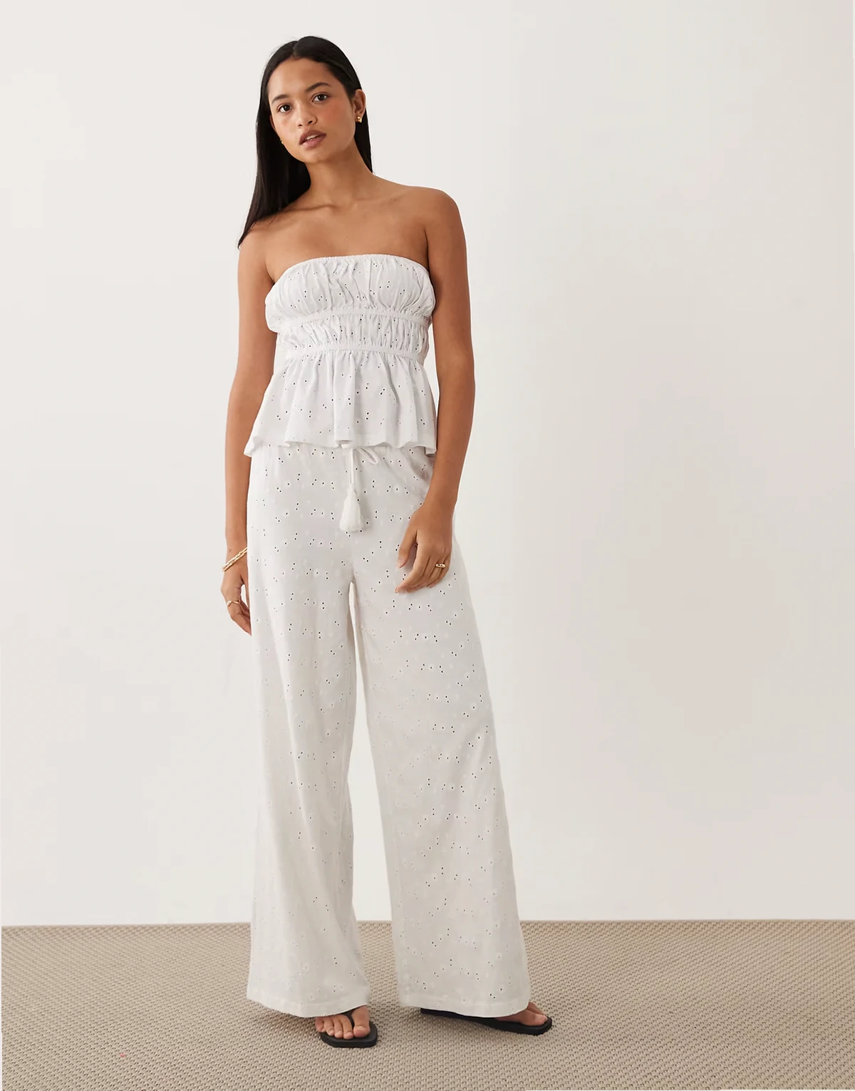 wide leg drawstring tassel detail jersey broderie pants in white - part of a set