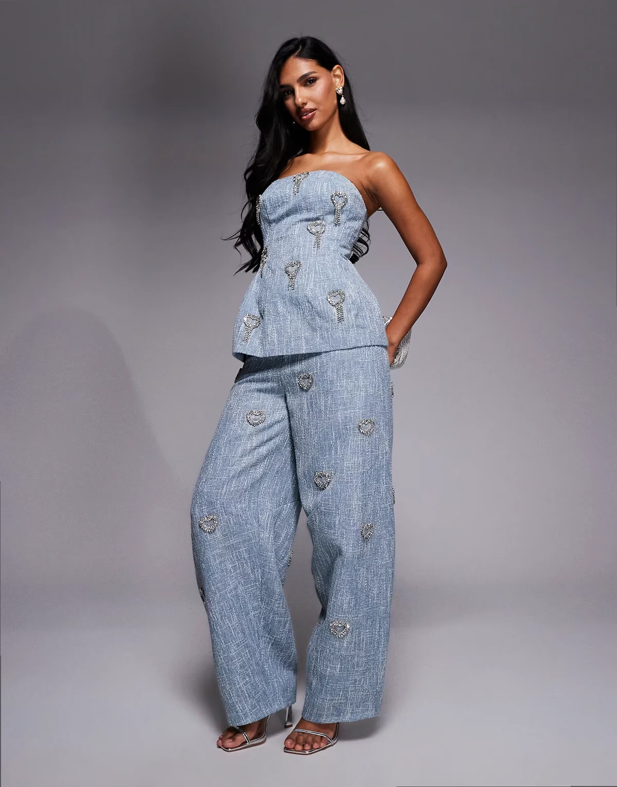 embellished heart barrel pants in blue boucle - part of a set