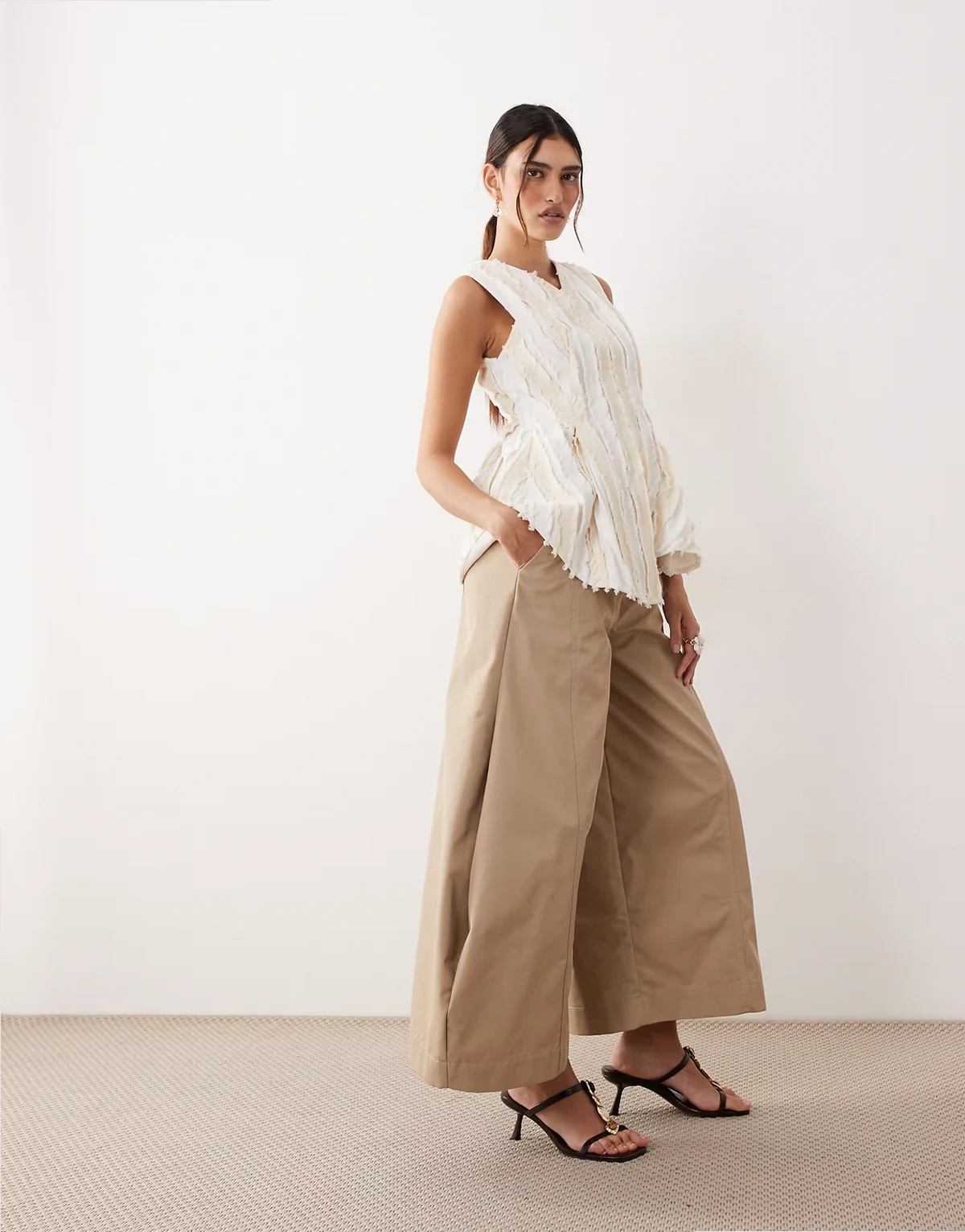 extreme cropped barrel leg pants in tan - part of a set