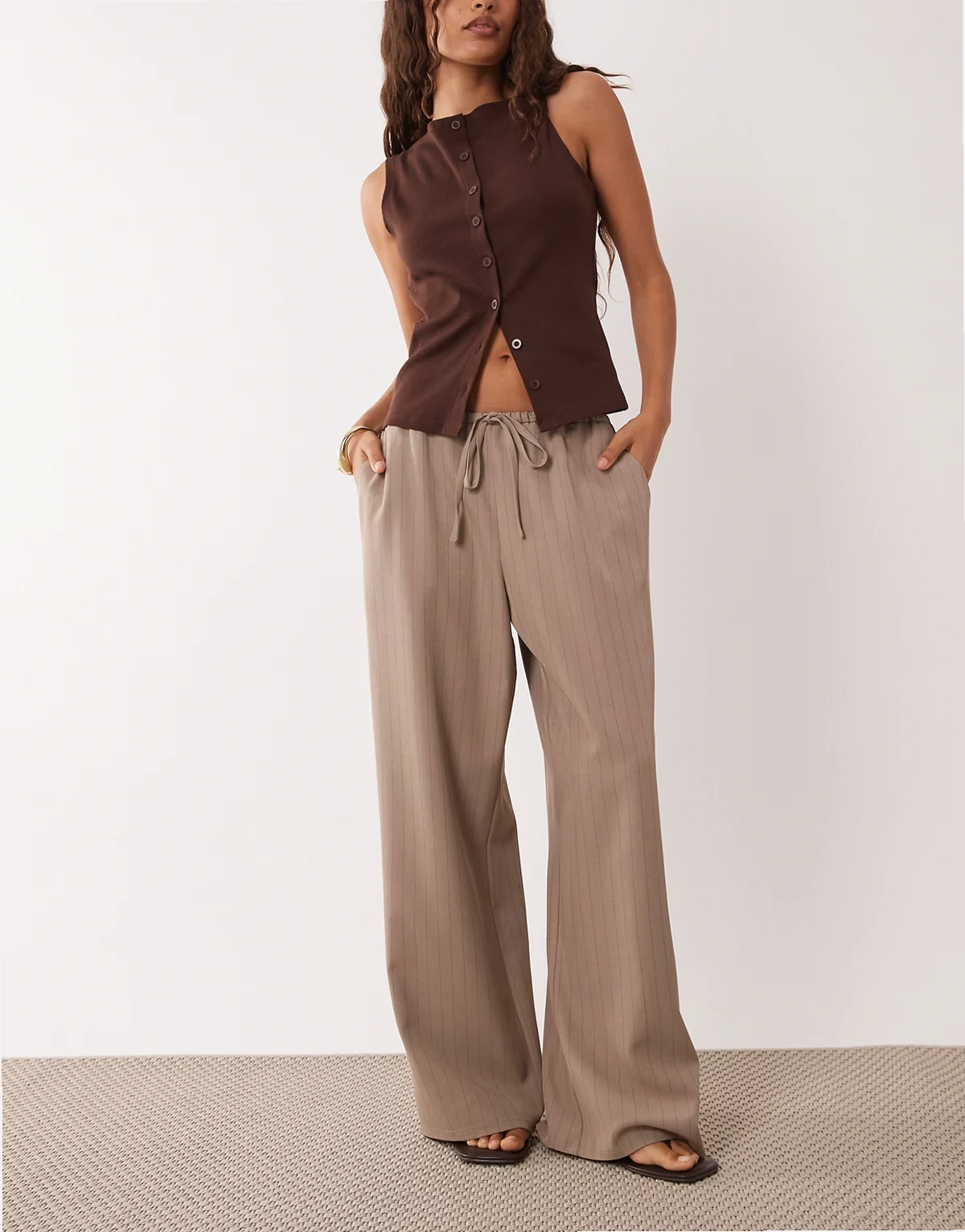 tailored pull on pants in neutral pinstripes